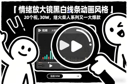 情绪放大镜黑白线条动画风格,20个视频,涨粉30W,继火柴人系列又一大爆款-韬哥副业项目资源网