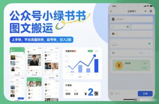 公众号小绿书图文搬运，上手快，平台流量扶持，起号快，日入2张-韬哥副业项目资源网