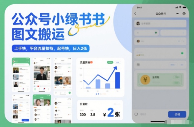 公众号小绿书图文搬运，上手快，平台流量扶持，起号快，日入2张-韬哥副业项目资源网