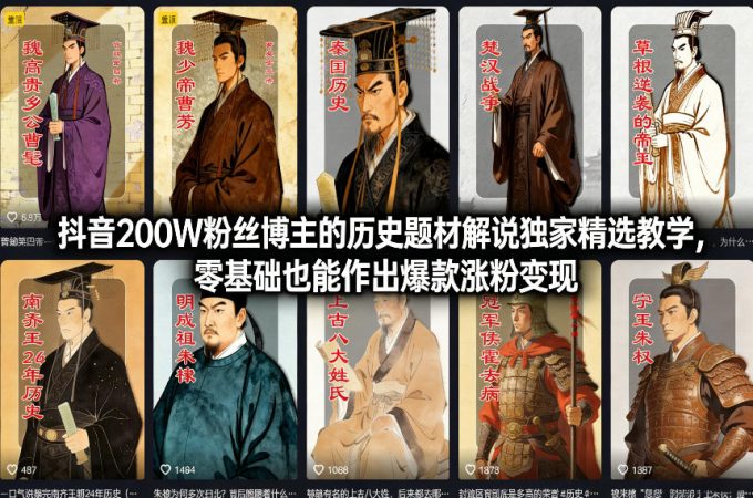 抖音200W粉丝博主的历史题材解说独家精选教学,零基础也能作出爆款涨粉变现-韬哥副业项目资源网