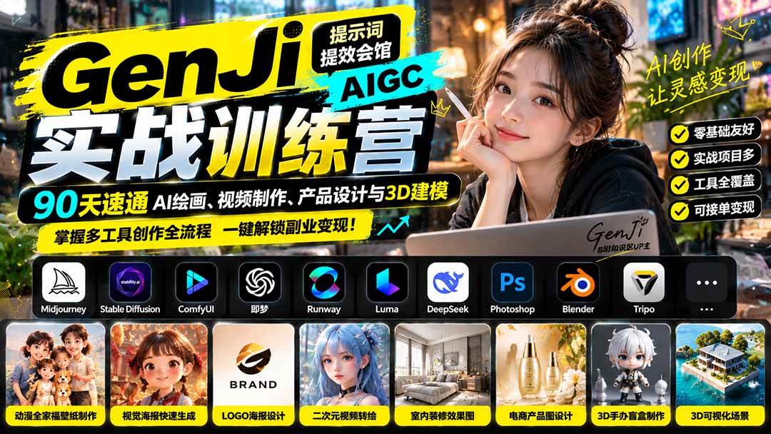 （21192期）GenJi AIGC实战训练营：90天速通AI绘画、视频制作、产品设计与3D建模，掌握多工具创作全流程-韬哥副业项目资源网