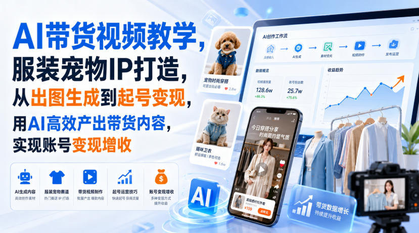 AI带货视频教学，服装宠物IP打造，从出图生成到起号变现，用AI高效产出带货内容，实现账号变现增收-韬哥副业项目资源网