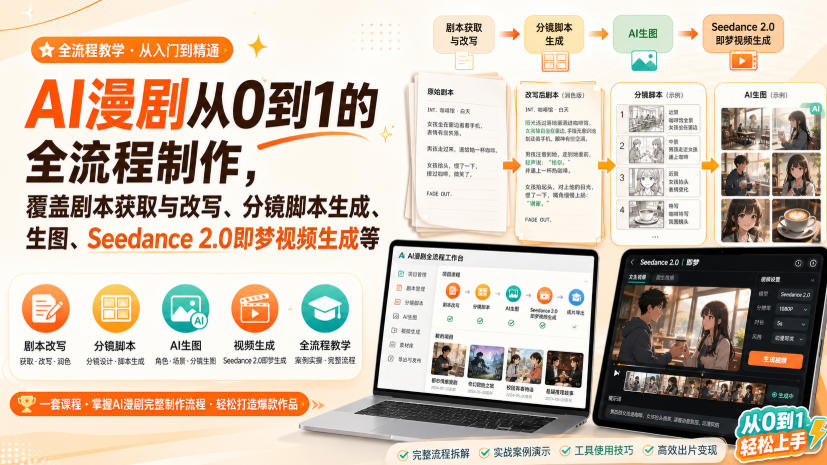AI漫剧从0到1的全流程制作,覆盖剧本获取与改写、分镜脚本生成、角色场景生图与三视图、Seedance 2.0即梦视频生成(PDF版)-韬哥副业项目资源网