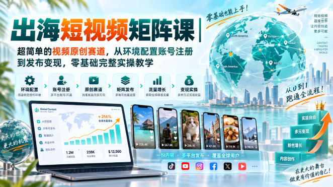 出海短视频矩阵课|超简单的视频原创赛道,从环境配置账号注册到发布变现,零基础完整实操教学-韬哥副业项目资源网
