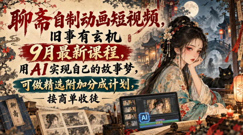聊斋自制动画短视频，旧事有玄机9月最新课程，用AI实现自己的故事梦，可做精选附加分成计划，接商单收徒-韬哥副业项目资源网