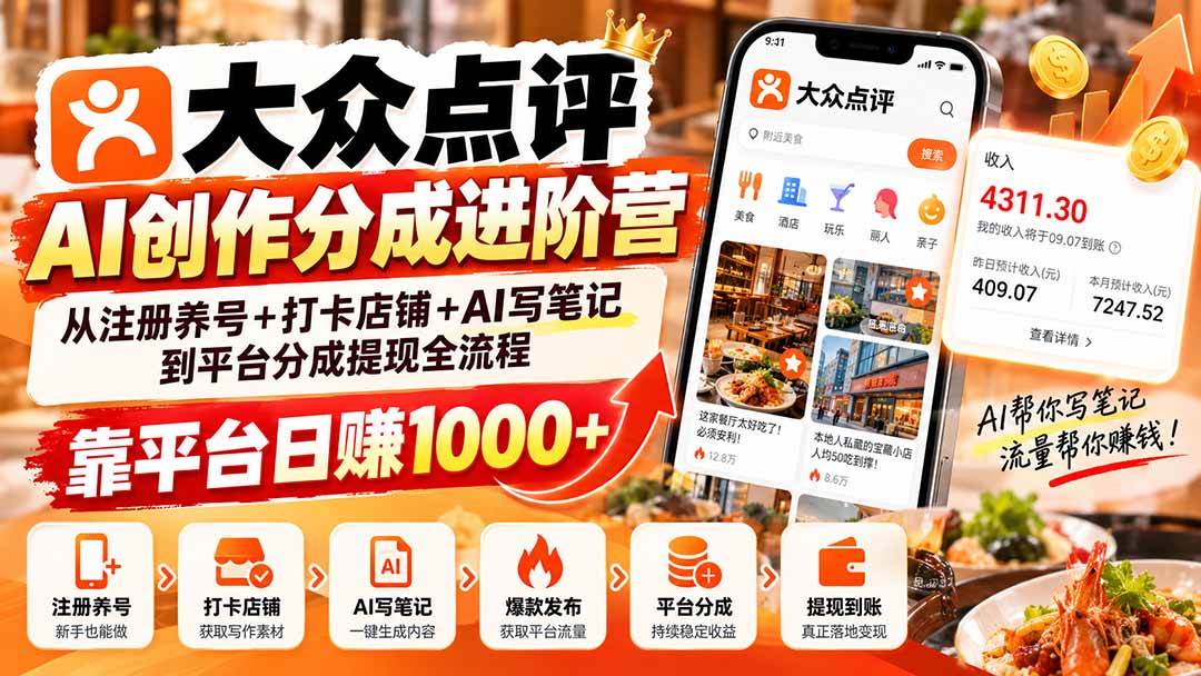 （20759期）大众点评AI创作分成进阶营：从注册养号+打卡店铺+AI写笔记到平台分成提现全流程，靠平台日赚1000+