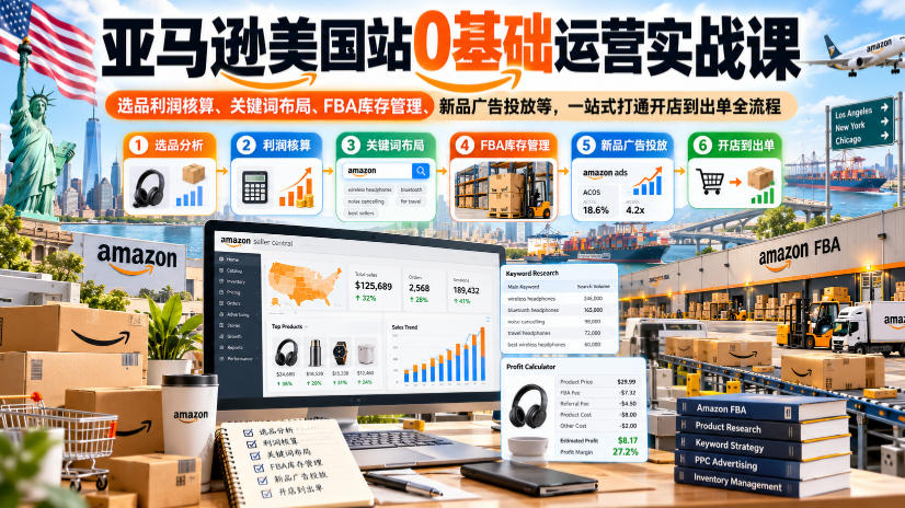 亚马逊美国站0基础运营实战课|选品利润核算、关键词布局、FBA库存管理、新品广告投放等,一站式打通开店到出单全流程-韬哥副业项目资源网