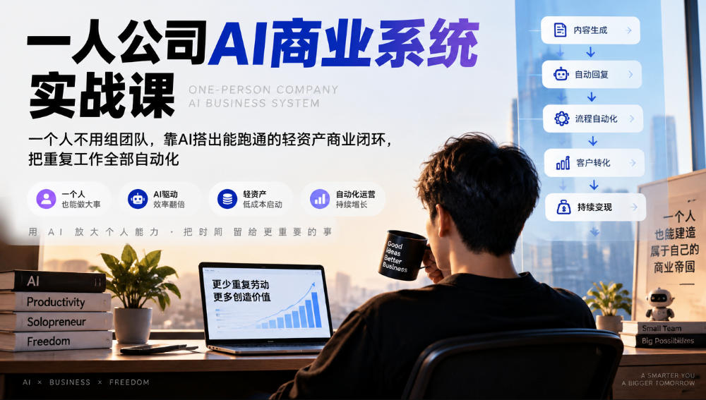一人公司AI商业系统实战课,一个人不用组团队,靠AI搭出能跑通的轻资产商业闭环,把重复工作全部自动化-韬哥副业项目资源网