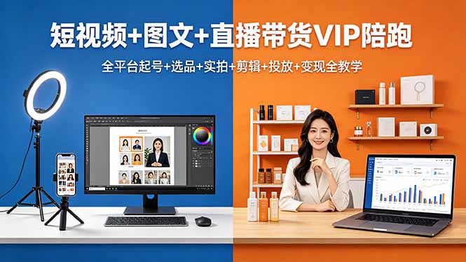 短视频+图文+直播带货VIP陪跑,全平台起号+选品+实拍+剪辑+投放+变现全教学-韬哥副业项目资源网