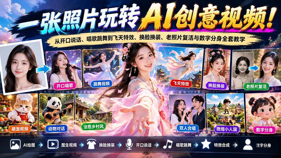 （21202期）一张照片玩转AI创意视频！从开口说话、唱歌跳舞到飞天特效、换脸换装、老照片复活与数字分身全套教学-韬哥副业项目资源网