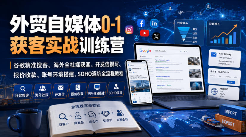 外贸自媒体0-1获客实战训练营|谷歌精准搜客、海外全社媒获客、开发信撰写、报价收款、账号环境搭建、SOHO避坑全流程教程(更新)-韬哥副业项目资源网