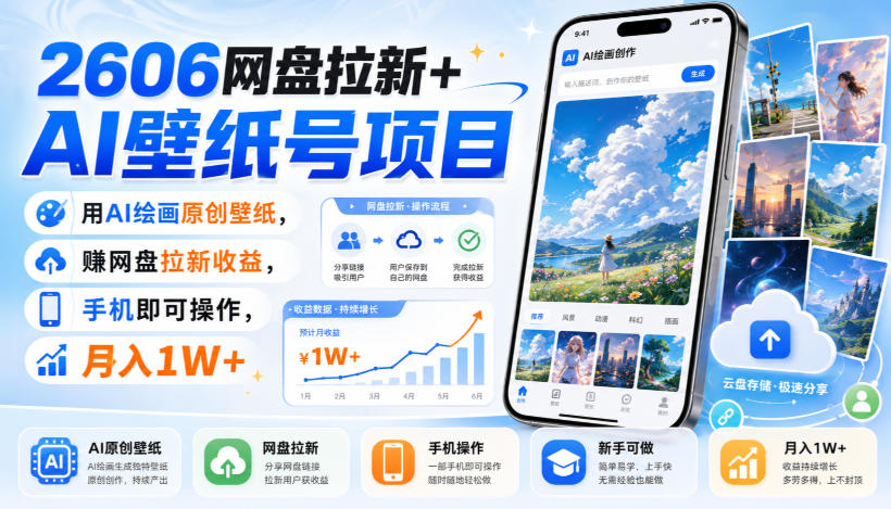 2606网盘拉新+AI壁纸号项目,用AI绘画原创壁纸,賺网盘拉新收益,手机即可操作,月入1W+-韬哥副业项目资源网