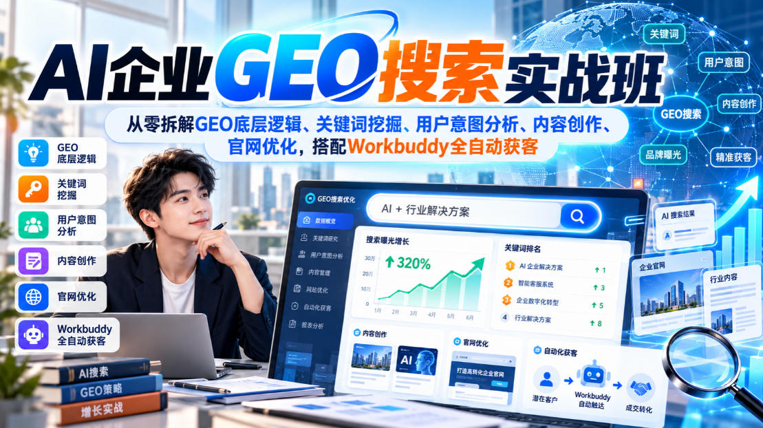 AI企业GEO搜索实战班，从零拆解GEO底层逻辑、关键词挖掘、用户意图分析、内容创作、官网优化，搭配Workbuddy全自动获客-韬哥副业项目资源网