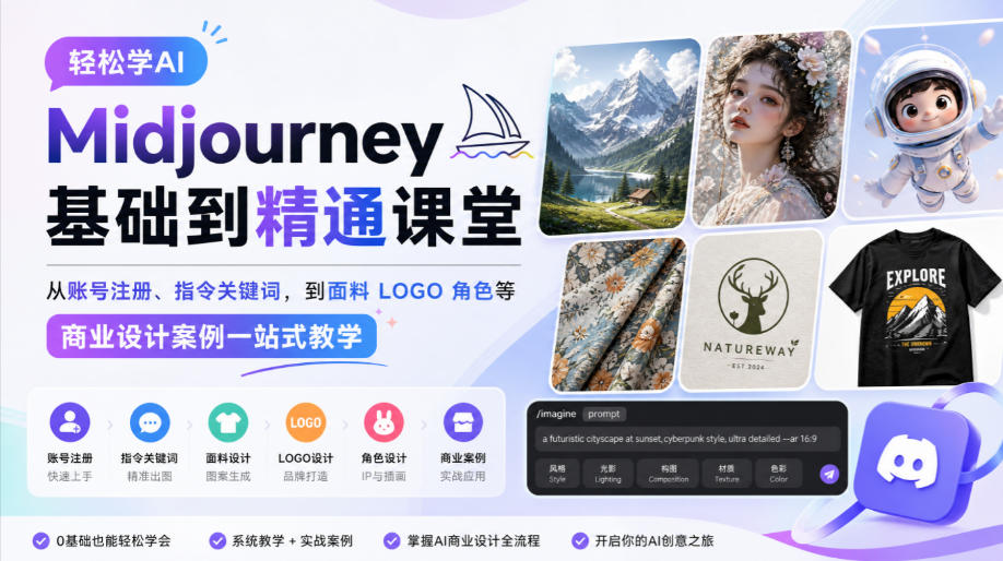 轻松学AI Midjourney基础到精通课堂，从账号注册、指令关键词，到面料LOGO角色等商业设计案例一站式教学-韬哥副业项目资源网