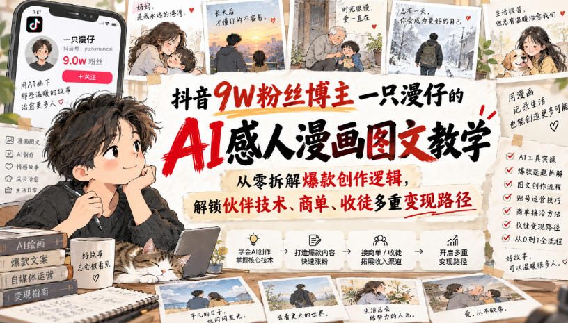 抖音9W粉丝博主一只漫仔的AI感人漫画图文教学,从零拆解爆款创作逻辑,解锁伙伴技术、商单、收徒多重变现路径 抖音9W粉丝博主一只漫仔的AI感人漫画图文教学,从零拆解爆款创作逻辑,解锁伙伴技术、商单、收徒多重变现路径
