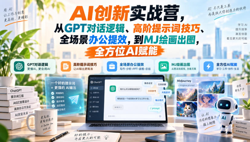 AI创新实战营，从GPT对话逻辑、高阶提示词技巧、全场景办公提效，到MJ绘画出图，全方位AI赋能-韬哥副业项目资源网