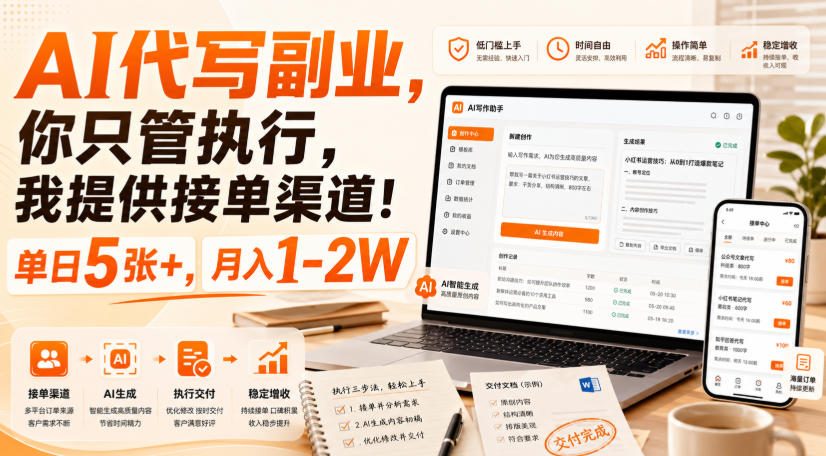 AI代写副业，你只管执行，我提供接单渠道！单日5张+，月入1-2W【揭秘】-韬哥副业项目资源网