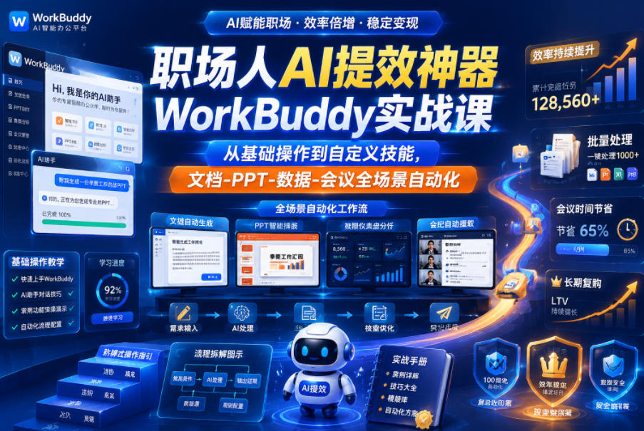 职场人AI提效神器WorkBuddy实战课，从基础操作到自定义技能，文档-PPT-数据-会议全场景自动化-韬哥副业项目资源网
