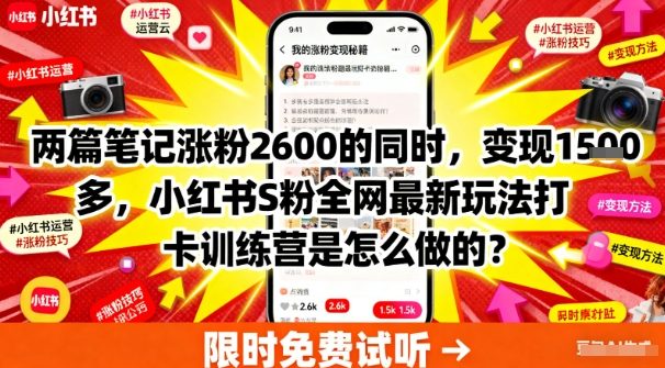 两篇笔记涨粉2600的同时，变现多张，小红书S粉全网最新玩法打卡训练营是怎么做的？-韬哥副业项目资源网