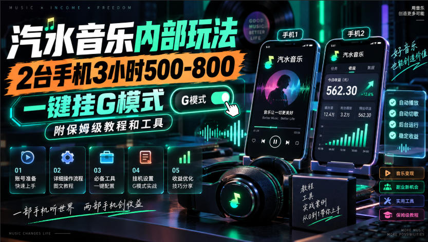 汽水音乐内部玩法,2台手机3小时500-800,一键挂G模式,附保姆级教程和工具【揭秘】-韬哥副业项目资源网