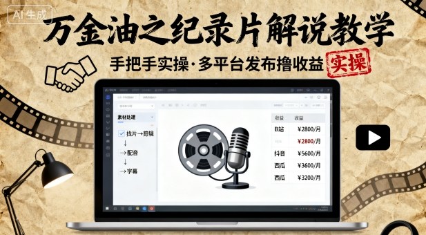 万金油之纪录片解说教学，手把手教你，完全实操，多平台发布撸收益-韬哥副业项目资源网