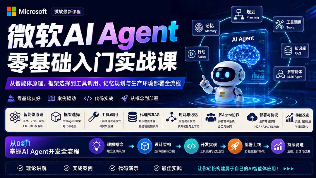微软AI Agent零基础入门实战课：从智能体原理、框架选择到工具调用、记忆规划与生产环境部署全流程-韬哥副业项目资源网