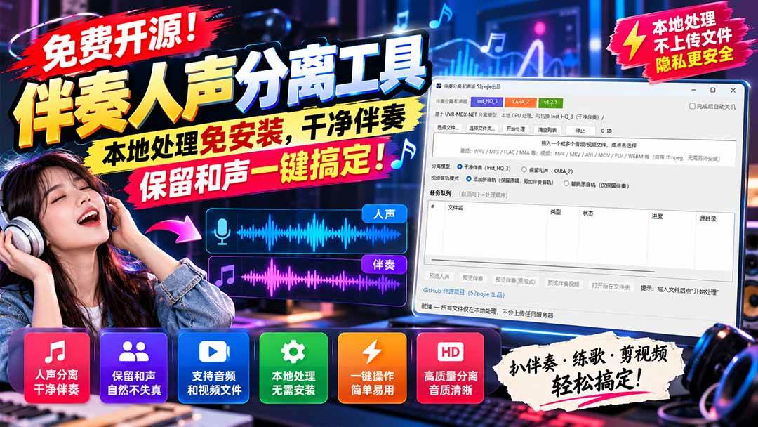 （21198期）免费开源！伴奏人声分离工具，本地处理免安装，干净伴奏，保留和声一键搞定！