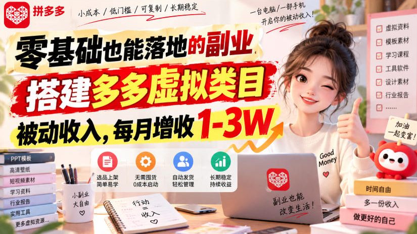 零基础也能落地的副业，搭建多多虚拟类目被动收入，每月增收1-3W【揭秘】-韬哥副业项目资源网