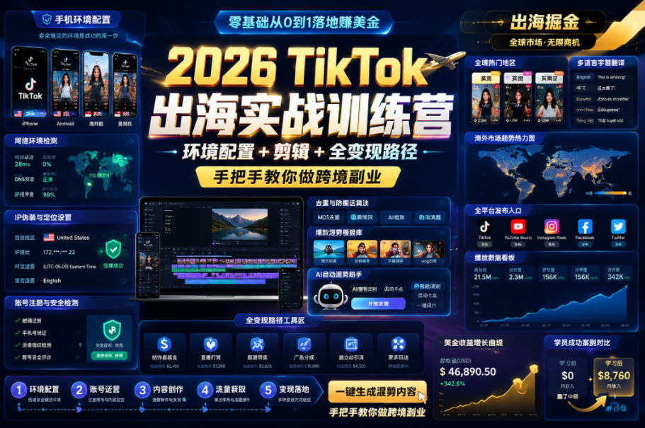 2026 TikTok出海实战训练营，环境配置 + 剪辑 + 全变现路径，手把手教你做跨境副业-韬哥副业项目资源网