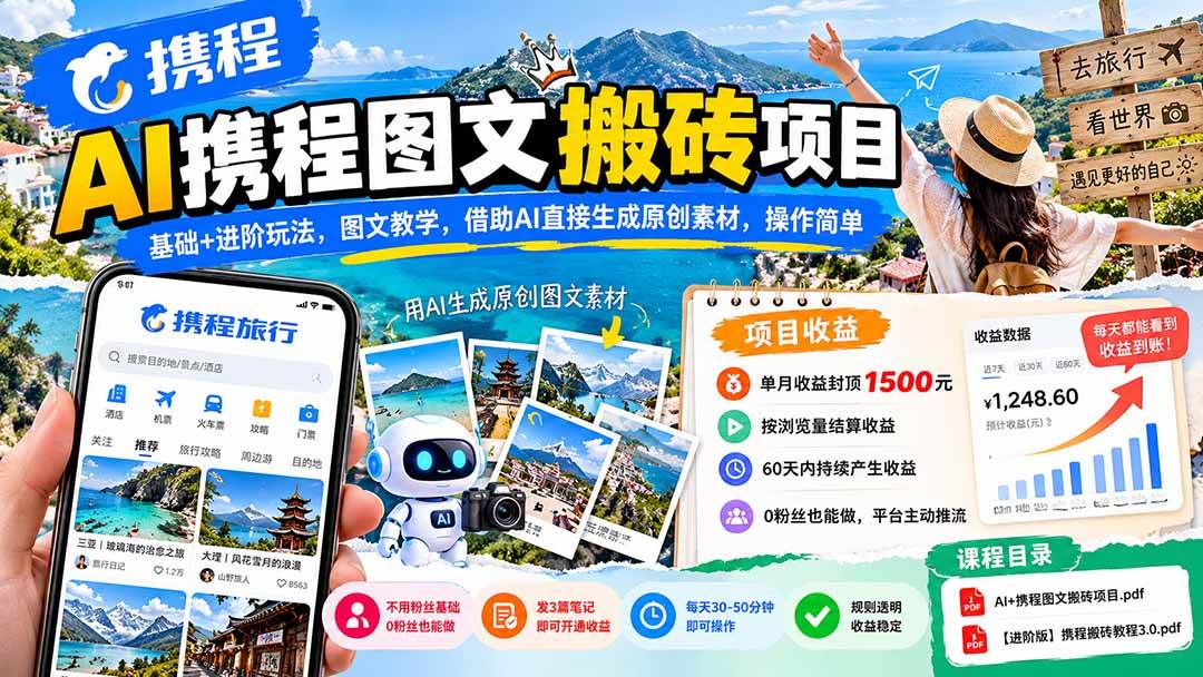 （21180期）AI携程图文搬砖项目，基础+进阶玩法，图文教学，借助AI直接生成原创素材，操作简单-韬哥副业项目资源网