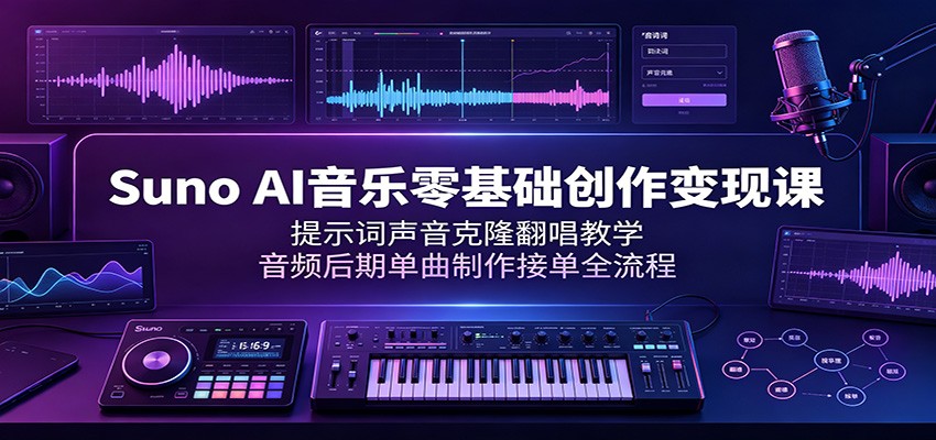 Suno AI音乐零基础创作变现课：提示词声音克隆翻唱教学，音频后期单曲制作接单全流程-韬哥副业项目资源网