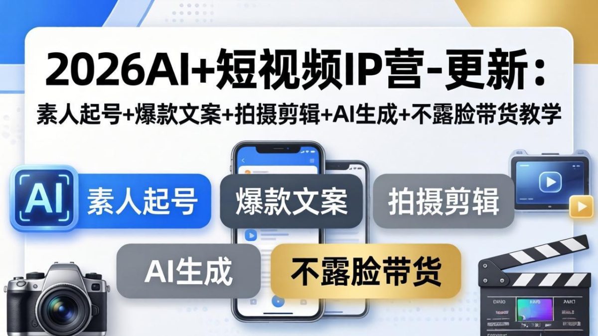2026AI+短视频IP营-更新：素人起号+爆款文案+拍摄剪辑+AI生成+不露脸带货教学-韬哥副业项目资源网