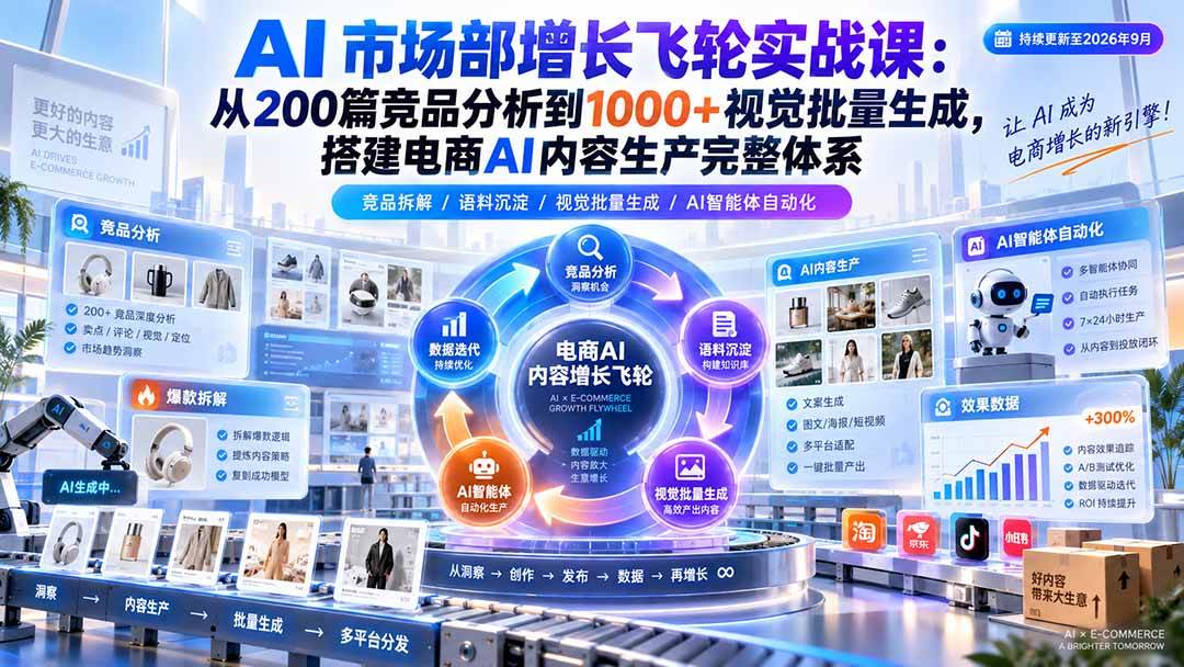 (20436期)AI 市场部增长飞轮实战课:从200篇竞品分析到1000+视觉批量生成,搭建电商AI内容生产完整体系-韬哥副业项目资源网