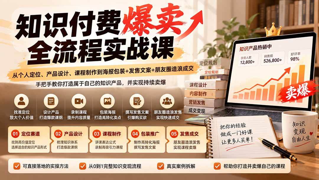(20787期)【无水印】知识付费爆卖全流程实战课:从个人定位、产品设计、课程制作到海报包装+发售文案+朋友圈造浪成交-韬哥副业项目资源网