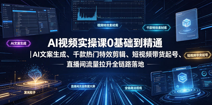 AI视频实操课0基础到精通｜AI文案生成、千款热门特效剪辑、短视频带货起号、直播间流量拉升全链路落地-韬哥副业项目资源网