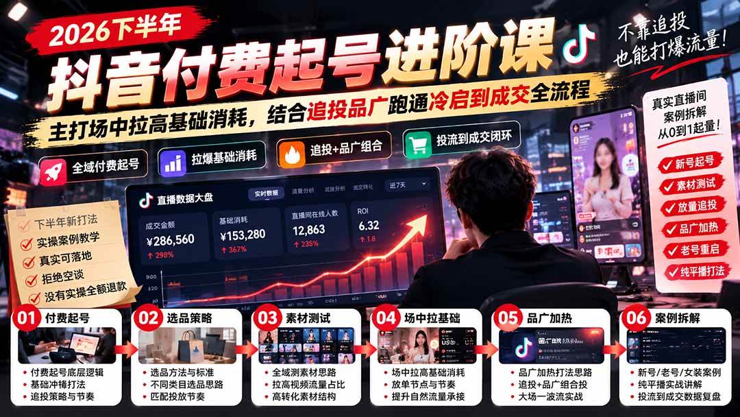 （20671期）2026下半年抖音付费起号进阶课：主打场中拉高基础消耗，结合追投品广跑通冷启到成交全流程-韬哥副业项目资源网