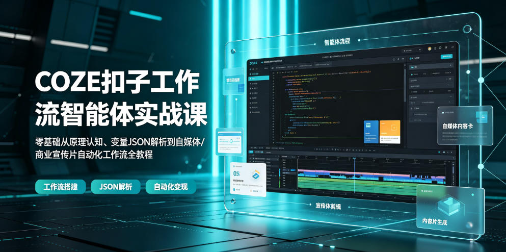 COZE扣子工作流智能体实战课｜零基础从原理认知、变量JSON解析到自媒体/商业宣传片自动化工作流全教程-韬哥副业项目资源网