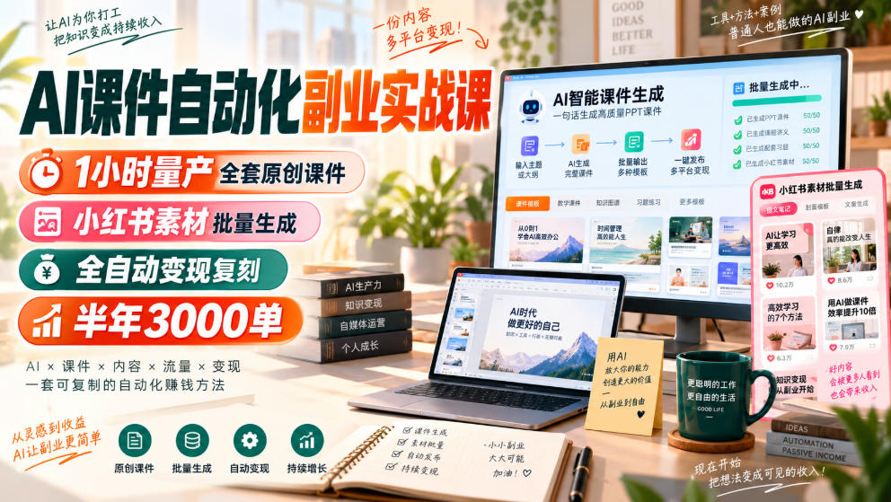 AI课件自动化副业实战课，1小时量产全套原创课件，小红书素材批量生成，全自动变现复刻，半年3000单