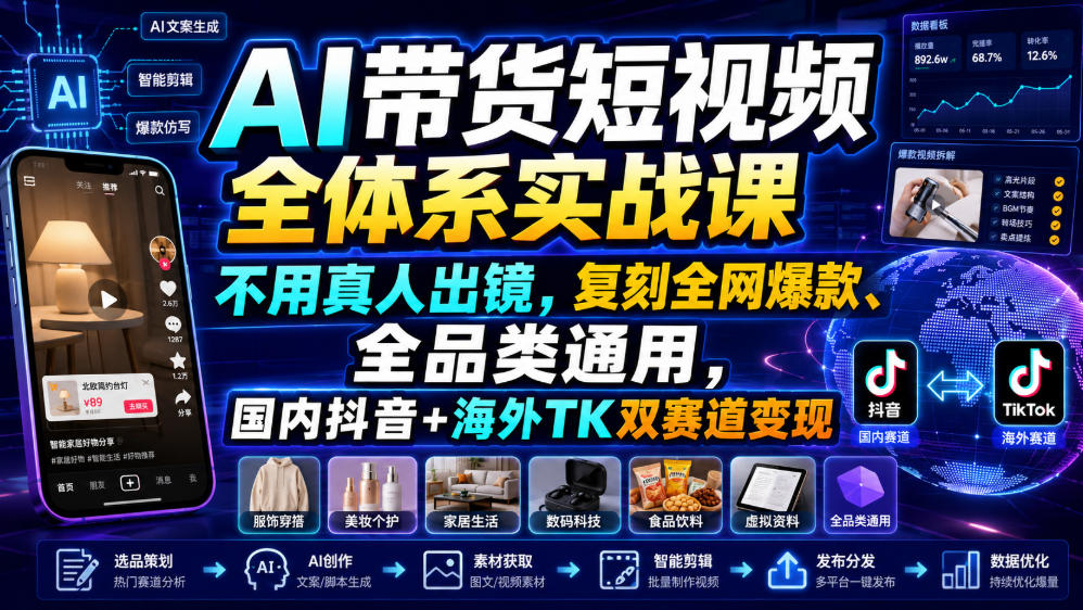 AI带货短视频全体系实战课，不用真人出镜，复刻全网爆款、全品类通用，国内抖音+海外TK双赛道变现-韬哥副业项目资源网