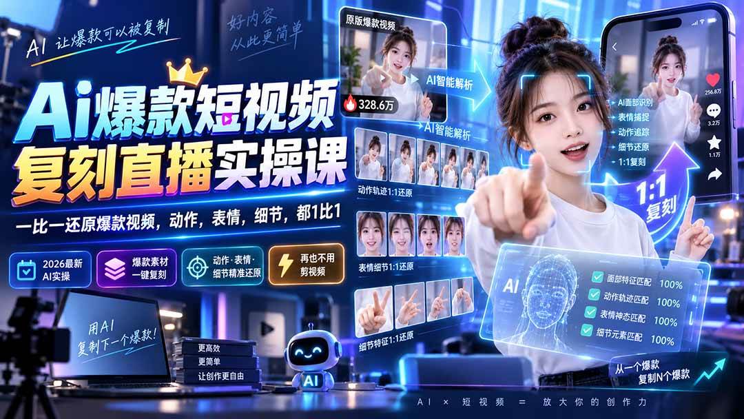 （20304期）最新Ai爆款短视频复刻直播实操课，一比一还原爆款视频，动作，表情，细节，都1比1-韬哥副业项目资源网