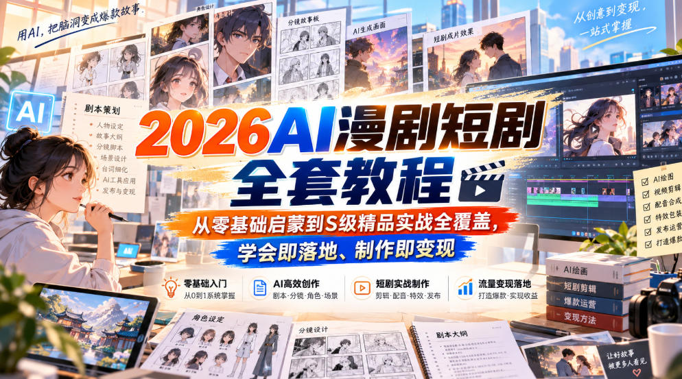 2026AI漫剧短剧全套教程，从零基础启蒙到S级精品实战全覆盖，学会即落地、制作即变现-韬哥副业项目资源网