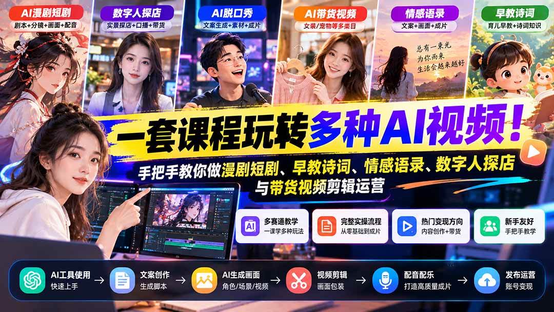 （21271期）【无水印】一套课程玩转多种AI视频！手把手教你做漫剧短剧、早教诗词、情感语录、数字人探店与带货视频剪辑运营-韬哥副业项目资源网