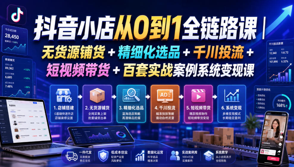 抖音小店从0到1全链路课|无货源铺货+精细化选品+千川投流+短视频带货+百套实战案例系统变现课(2026年7月更新)-韬哥副业项目资源网