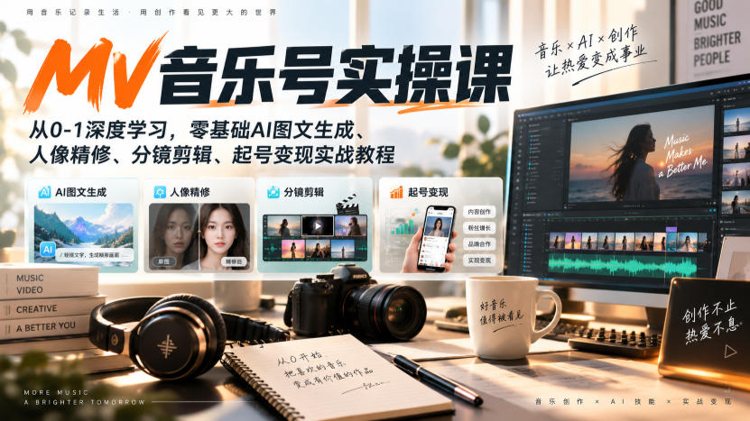 AI MV音乐号实操课，从0-1深度学习，零基础AI图文生成、人像精修、分镜剪辑、起号变现实战教程-韬哥副业项目资源网