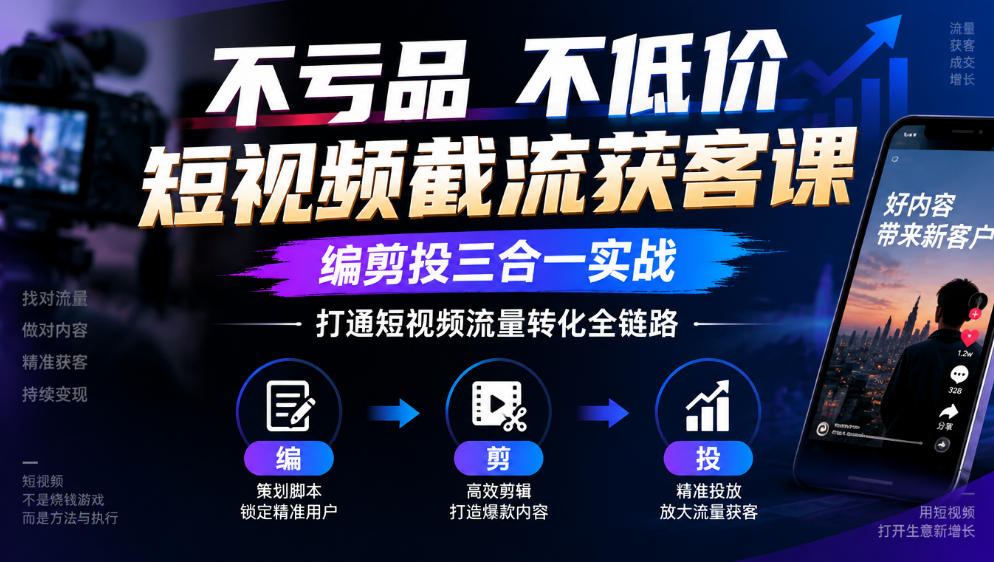 不亏品不低价短视频截流获客课,编剪投三合一实战,打通短视频流量转化全链路-韬哥副业项目资源网