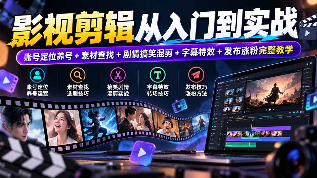 （20812期）影视剪辑从入门到实战：账号定位养号+素材查找+剧情搞笑混剪+字幕特效+发布涨粉完整教学-韬哥副业项目资源网