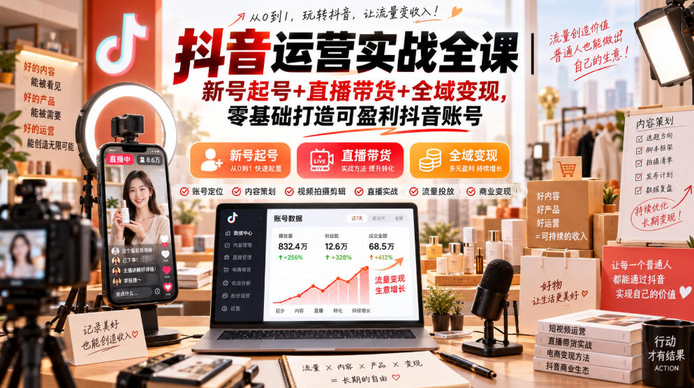 抖音运营实战全课|新号起号+直播带货+全域变现,零基础打造可盈利抖音账号-韬哥副业项目资源网