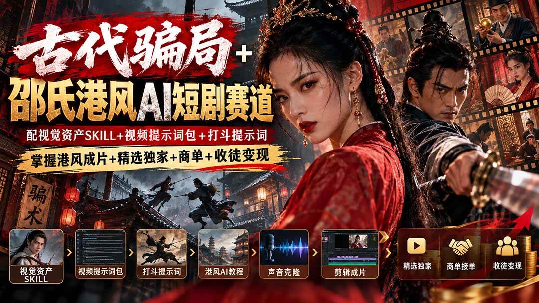 （20684期）古代骗局+邵氏港风AI短剧赛道：配视觉资产SKILL+视频提示词包+打斗提示词，掌握港风成片+精选独家+商单+收徒变现-韬哥副业项目资源网