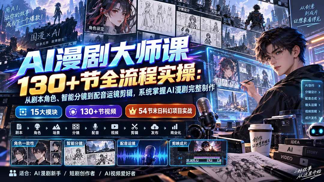 (20326期)AI漫剧大师课130+节全流程实操:从剧本角色、智能分镜到配音运镜剪辑,系统掌握AI漫剧完整制作-韬哥副业项目资源网