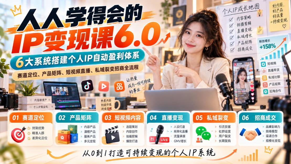 人人学得会的IP变现课6.0,6大系统搭建个人IP自动盈利体系,赛道定位、产品矩阵、短视频直播、私域裂变招商全流程-韬哥副业项目资源网